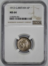 1912 Great Britain Silver 6 Six Pence NGC MS 64