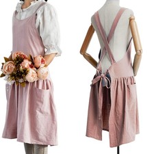Pink Cotton Linen Cross Back Apron For Women With Pockets Baking Smock