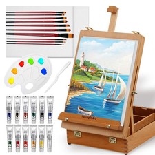 Falling in Art Beechwood Easel Box Set, 27 Pcs Tabletop Acrylic Paint Set,