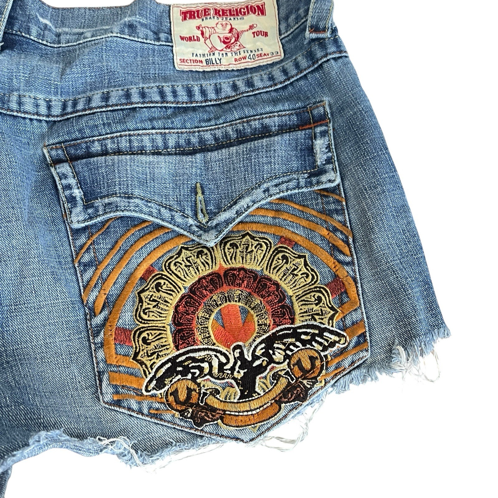 Vintage True Religion Billy Cutoff Jean Shorts Embroidered Boho Mens Size 40 thumbnail 3