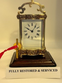 Ornate antique French brass and 5 glass "Louis XV Doucine" carriage clock & KEY.