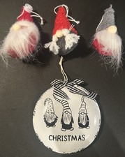 Set of 4 4  tall Gnome Fabric  Metal Hanging Christmas Holiday Ornaments