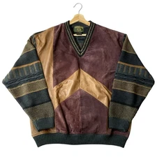 VTG Tosani Leather Coogi Style 3D Knit Grandpa Sweater 80s/90s Multicolor Sz XL