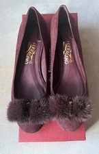 Authentic Salvatore Ferragamo New Burgundy Suede Fur Varina Bow Flats Shoes 9 B