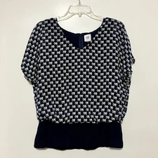 Cabi Parade Blouse Women’s S Blue Elephant Print Sheer Zipper Back V Neck Boho