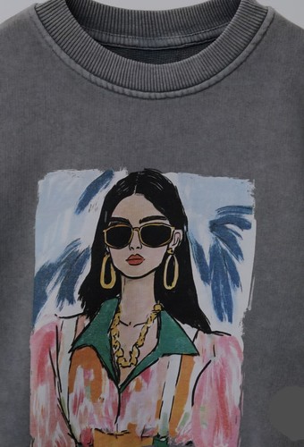 Zara Washed Effect Doll Print Sweatshirt, Gray Size 13/14 years - Picture 4 of 5
