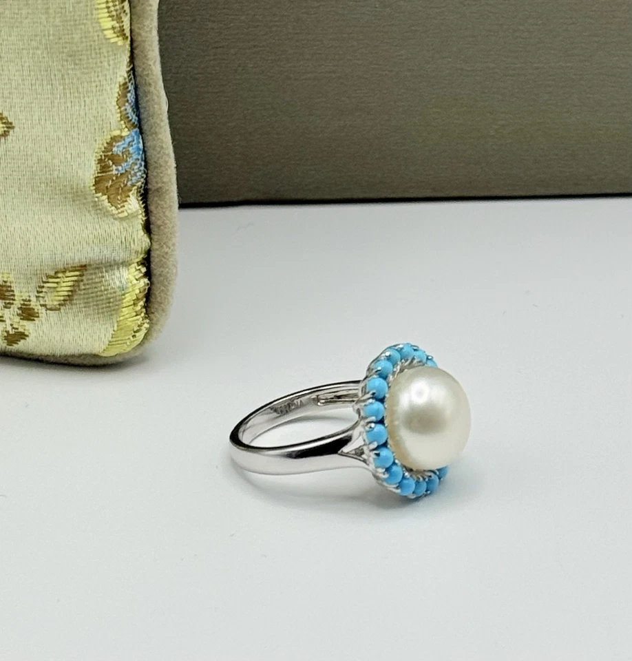 Anillo de perlas Honora de 10 mm con halo turquesa firmado anillo de plata 925 talla 5 Foto 3 de 4