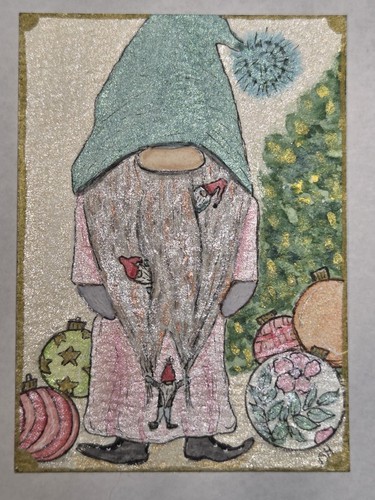 ACEO Original Whimsical Watercolor Holiday Christmas Gnome 2.5x3.5 OOAK