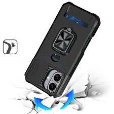 For iPhone 17 Case Multi-Use Card Holder Stand with Lens Cover + Tempered Glass