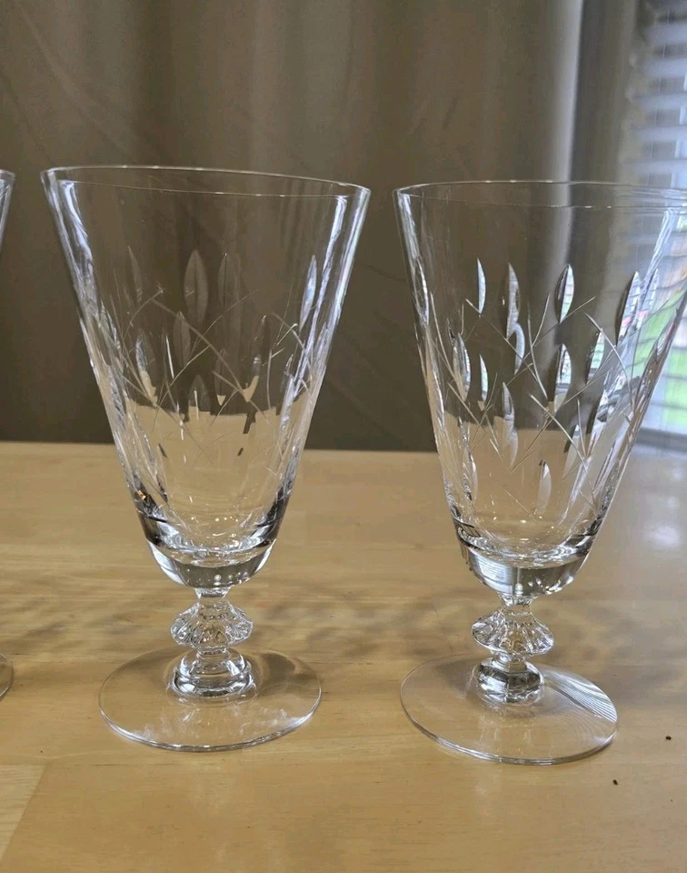 Vintage Duncan & Miller Willow Hand Blown Leaf Cut 6.5" Glasses Set Of 4 - Image 3 of 4