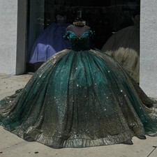 Blackish Green Shiny Princess Ball Gown Quinceanera Dresses Off Shoulder Beaded