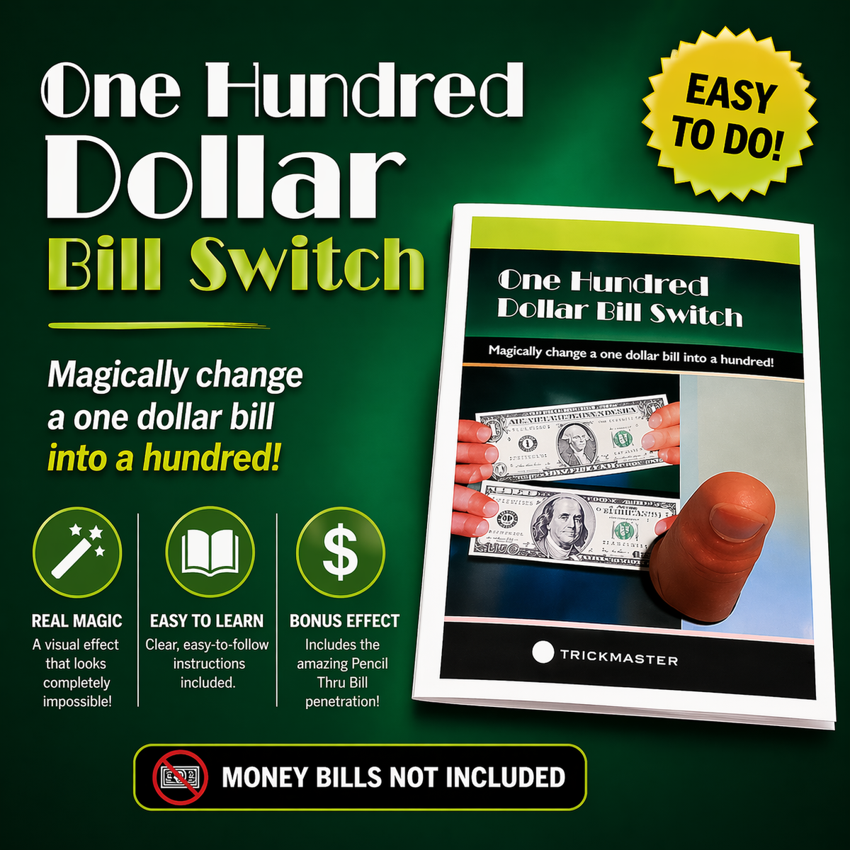 ONE HUNDRED DOLLAR BILL SWITCH $1 to $100. Money Reality Thumb Tip