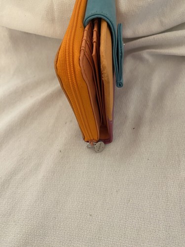 Vtg Genuine Leather Rolfs Wallet Pink Orange Teal Snap Zip Coin Money Pouch - Picture 13 of 14