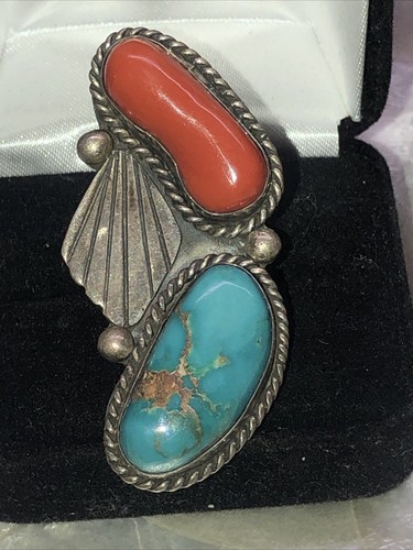 Vintage Navajo Blue Turquoise Red Coral Sterling Silver Ring Statement Size 5 - Picture 7 of 9