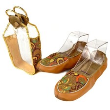 7-8 Vintage 60s Psychedelic Hostess Metallic Slipper House Shoes w/ Travel Case