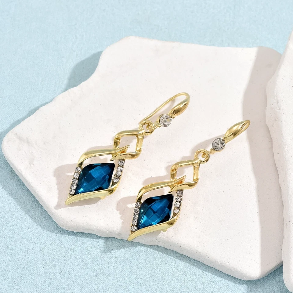 Pendientes de aro dorados para mujer azul circonita cúbica cristal gota elegante joyería de moda Foto 3 de 4