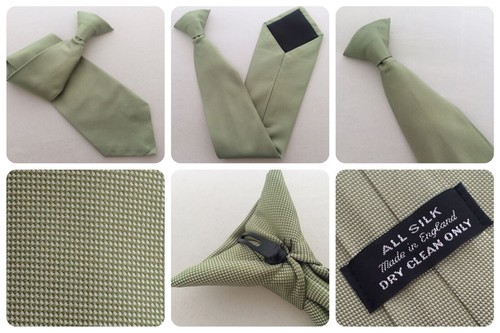 Pale Green Mens Silk Clip On Tie Clipper Check Weave - Picture 2 of 6