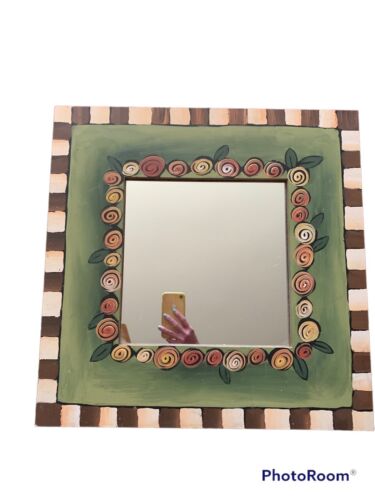 Decorative square wall Mirror with green and multi color wood frame hand finish,