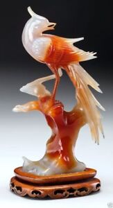 A015 Chinese Carved Red and White Chalcedony Bird on Stand, 20th 