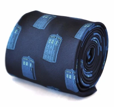 Frederick Thomas Designer Mens Tie - Dark Navy Blue - Embroidered Tardis Box