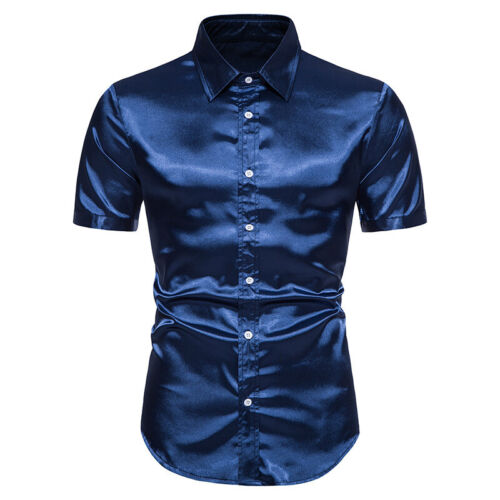 Uomo Raso Camicia Lucido con Bottoni Manica Corta Slim Fit Ufficio Formale Club - Foto 20 di 24