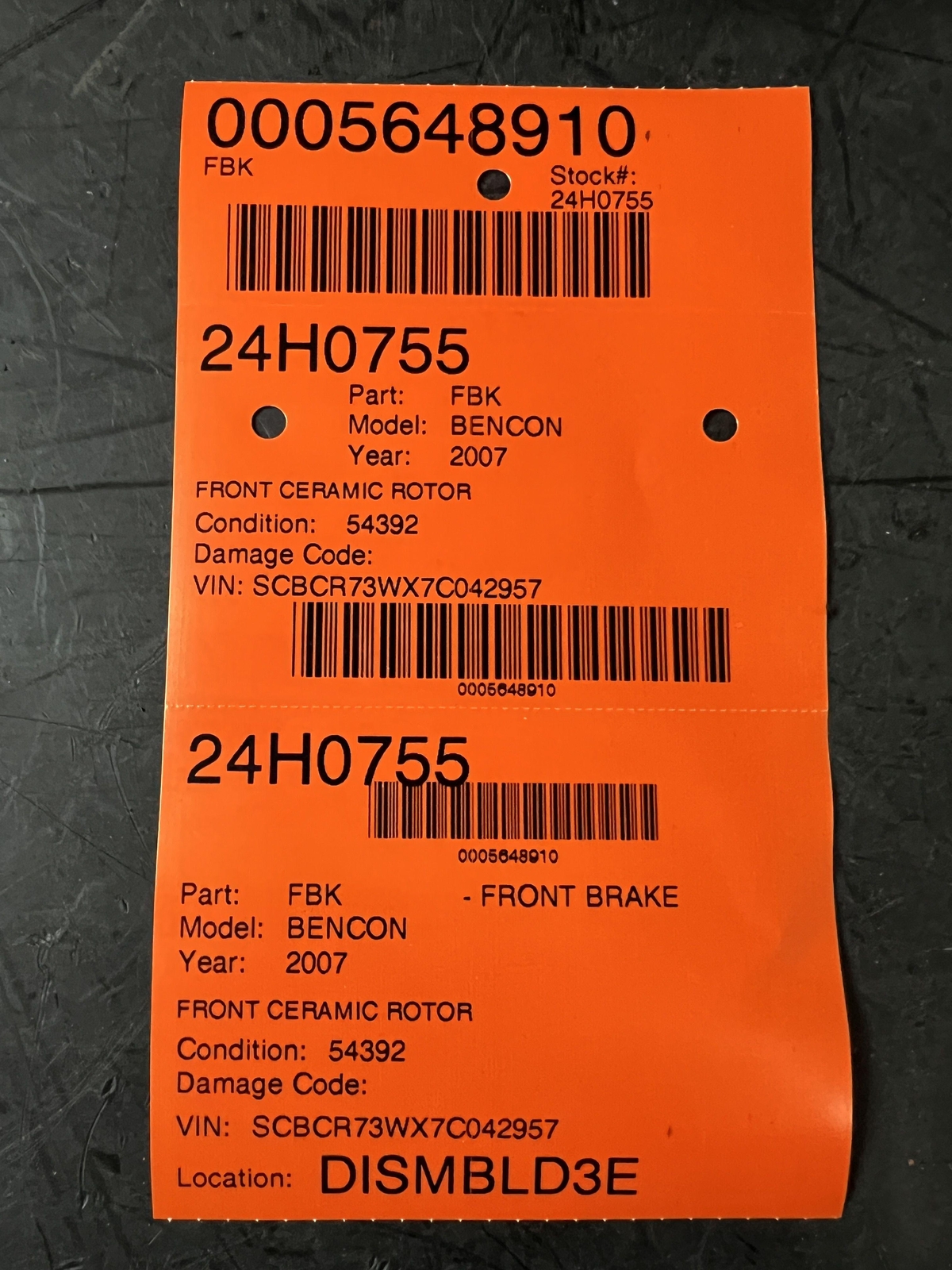2007 BENTLEY CONTINENTAL GT DRIVER LEFT FRONT BRAKE CERAMIC ROTOR ID# 3W0615301J