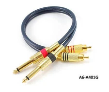1ft Dual 1/4" TS Mono Male Plug to 2-RCA Plug Male Gold-Plated Blue Audio Cable