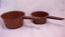 2 Brown Enamelware Saucepans 1 and 2 Quart Cooking Pots Vintage Graniteware