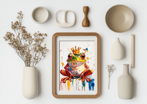 Colorful Frog King 5"x7" Print on Matte Paper | Playful Watercolor Animal Art - Picture 11 of 18