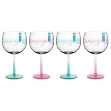 Set of 4 Pink Blue Printed Plastic Clear Gin Balloon Glasses Reusable 600ml BBQ