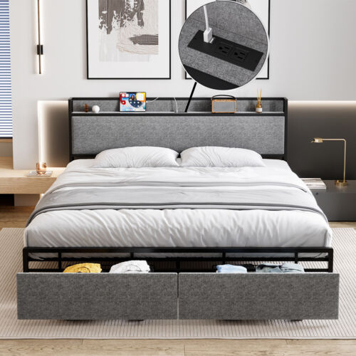 Full/Queen/King Size Upholstered Bed Frame w/2 Storage Drawers, Charging Station
