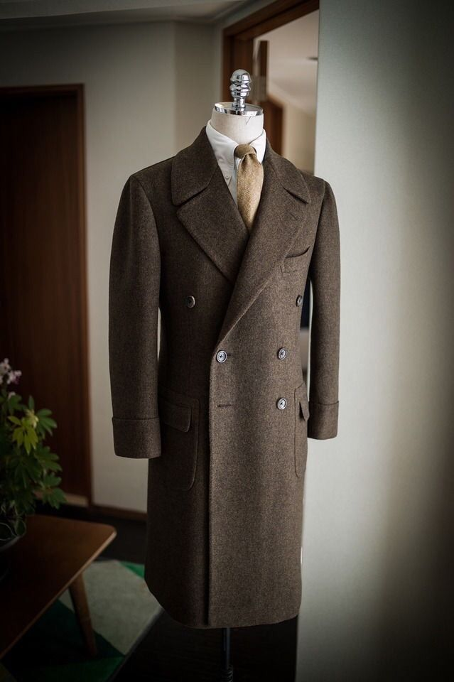 Brown Men's Long Overcoat Double Breasted 100% Cashmere Outdoor