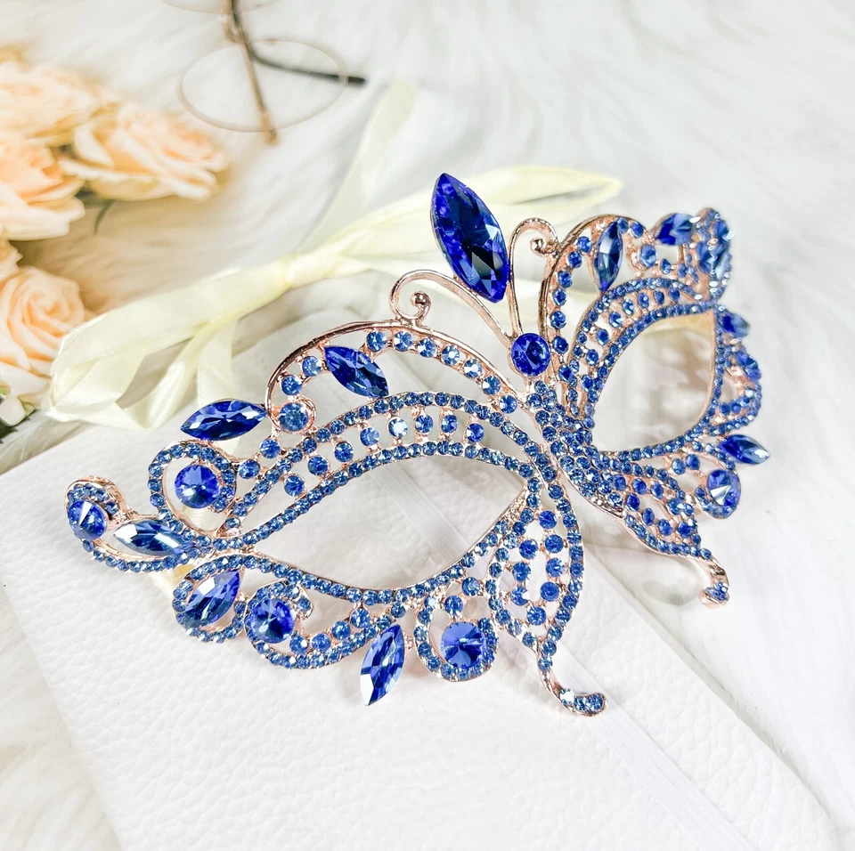 Butterfly Blue Masquerade Mask, Wedding Party Rose Gold Eye Mask, Venetian Mask - Image 3 of 4