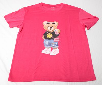 Shein Women's Slayr Cartoon Bear Pattern Short Sleeve T-Shirt EJ2 Pink Medium 