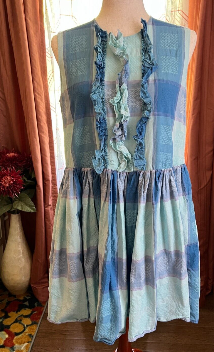 miu miu plaid mini dress Miu Miu fit-and-flare mini dress blue plaid cotton ruffle front sz 44 / US  8 EUC