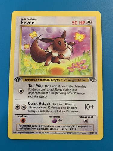 1st Edition Eevee 51/64 Jungle Set Rare Vintage 1999 Pokemon Card - NM