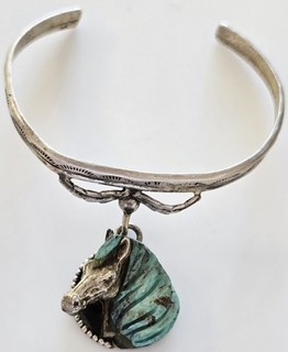 OLD PAWN Rustic Vintage Johnny Blue Jay Sterling Turquoise Carved horse Bracelet