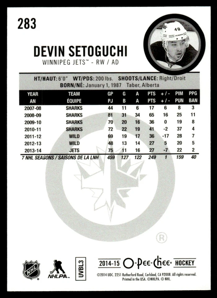 2014-15 O-Pee-Chee Rainbow Devin Setoguchi Winnipeg Jets #283 - Image 2 of 2