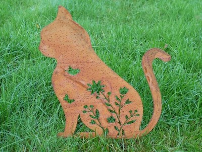 Rostiger Metall Garten Fancy Katze Kätzchen Pfahl, Rasen Dekoration Ornament Statue