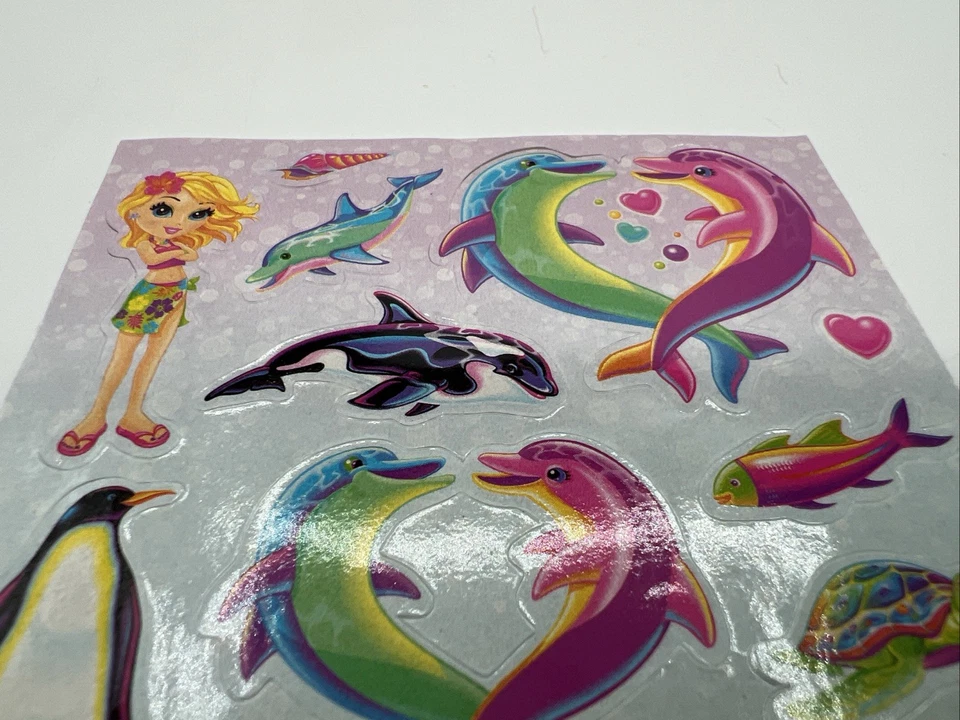 Folha Adesiva Vintage Lisa Frank NOVA Não Usada S1251 Vibrante Retro Golfista Golfinho - Imagem 2 de 4