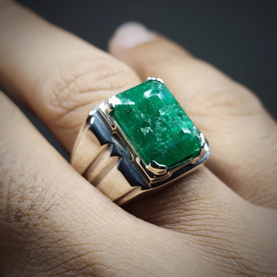Mens Emerald Ring, Natural Beryl 925 Sterling Silver Ring, Zamurd Ring For Men - Image 4 of 4