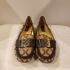 Coach Signature Logo Loafers Brown Tan Gold Buckle Drivers Size 6 US