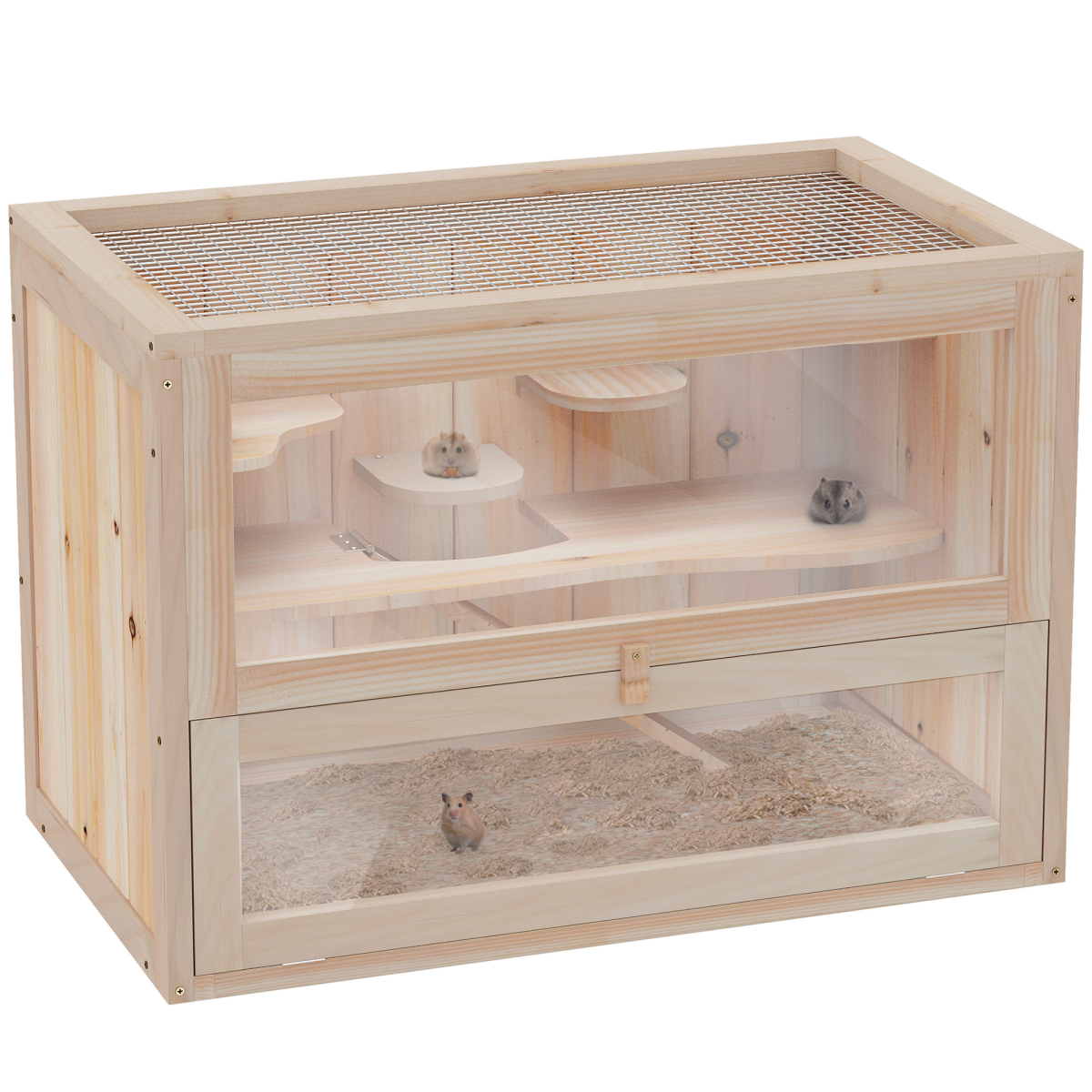 Pawhut 2 Levels Wooden Hamster Cage Mice Rodents Hutch Small Animals - Image 2