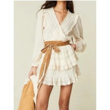 LoveShackFancy Milena Long-Sleeve Embroidered Lace Dress Antique White Small *