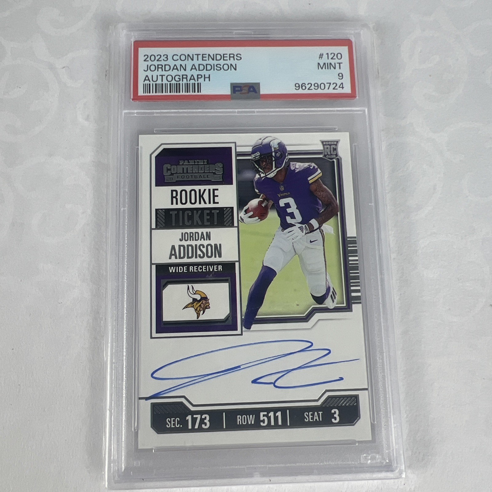 2023 Contenders Rookie Ticket Auto Jordan Addison PSA 9 Minnesota Vikings