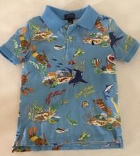 Polo Ralph Lauren Boys Size 7 Bear All Over Print Blue Polo Shirt - EUC