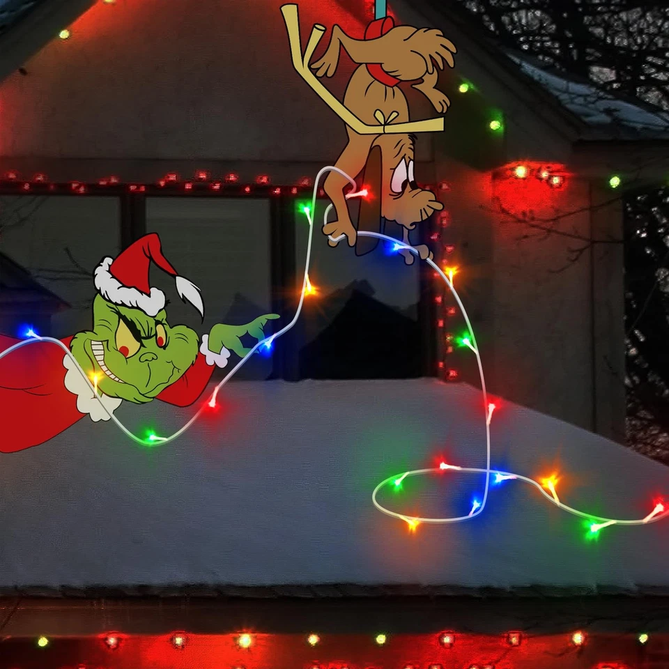 Decoraciones de cerca para exteriores - 2 luces de robo de gnomos verdes con cadena LED... Foto 2 de 4