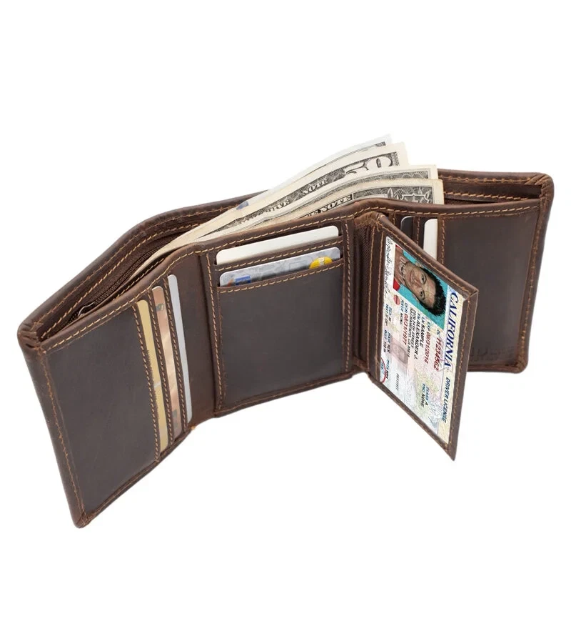 Brown Cowhide Genuine Leather Men's Trifold Premium Wallet Center Flap - Image 4 of 4