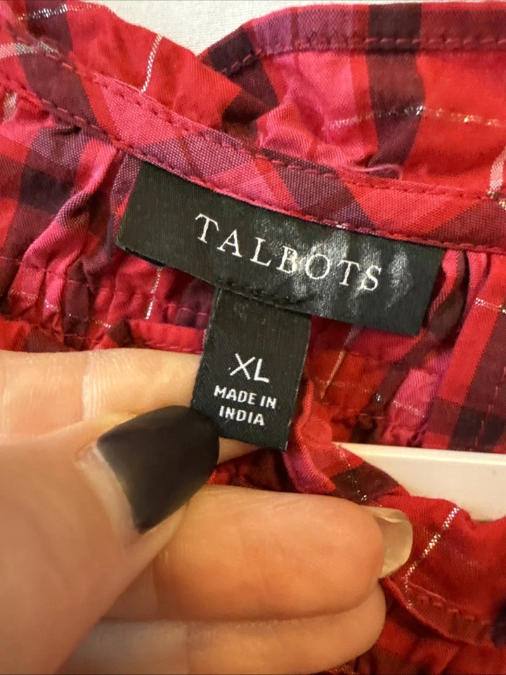 Blusa Talbots Para Mujer XL Cottagecore Cuadros Metálica Campesina Cuello Terciopelo Calado Foto 4 de 4