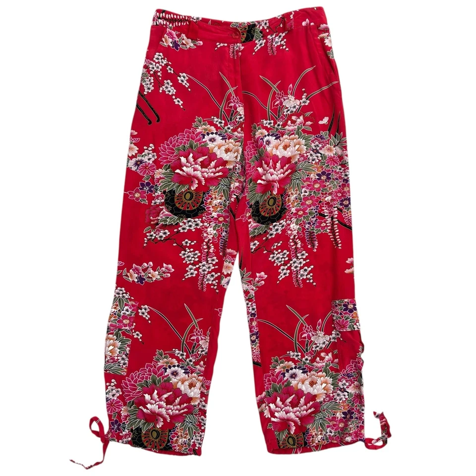 Boston Proper 裤子 10 码红色热带 100% 真丝货物作物花卉艺术度假村 — 第 2/4 张图片